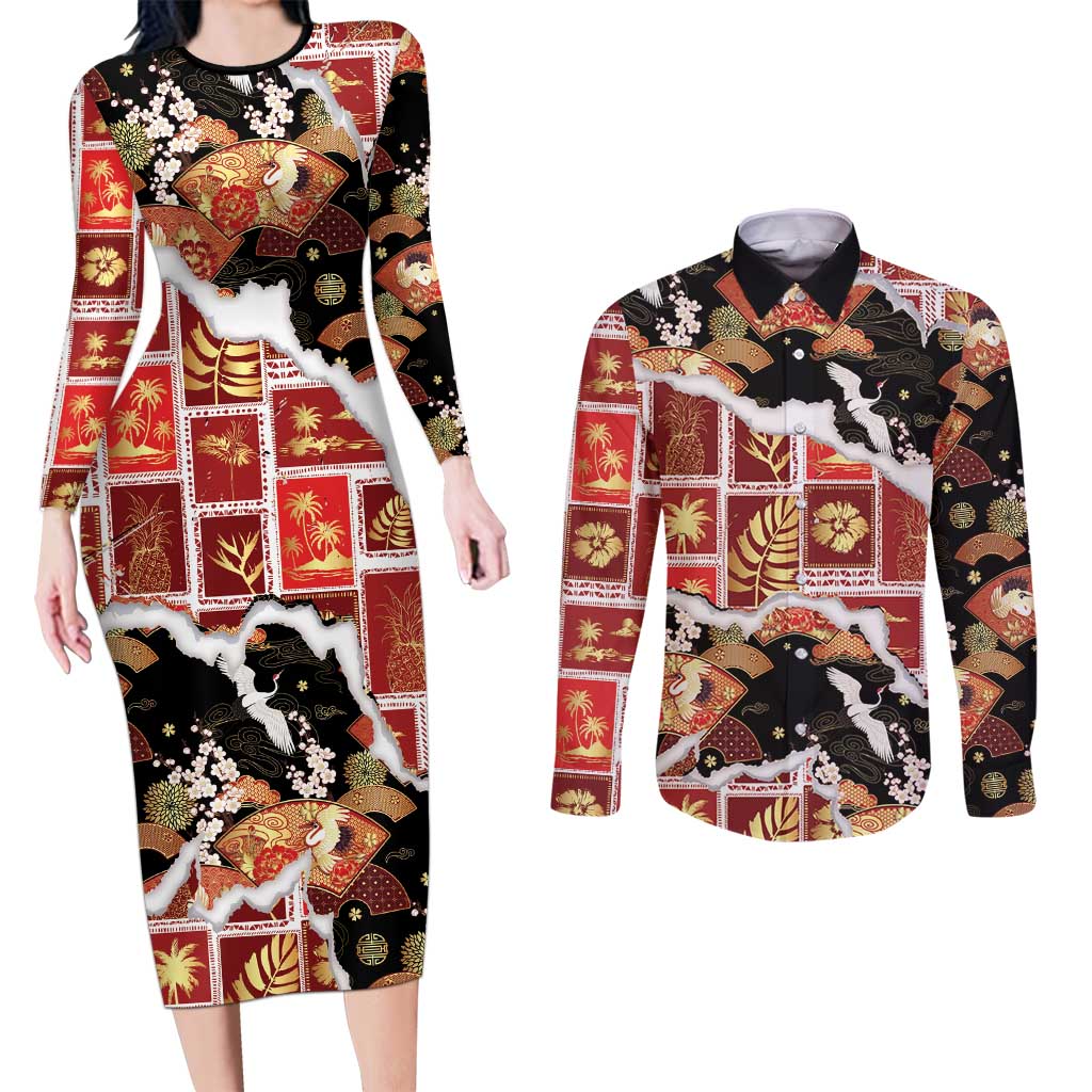 Hawaii Japanese Culture Black Couples Matching Long Sleeve Bodycon Dress and Long Sleeve Button Shirt Spring Cranes Aloha Pattern LT01 Black - Polynesian Pride