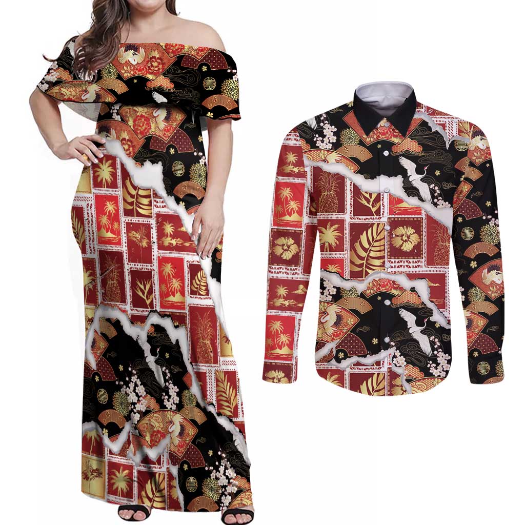 Hawaii Japanese Culture Black Couples Matching Off Shoulder Maxi Dress and Long Sleeve Button Shirt Spring Cranes Aloha Pattern LT01 Black - Polynesian Pride