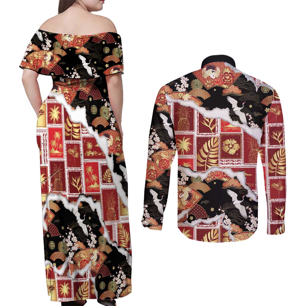 Hawaii Japanese Culture Black Couples Matching Off Shoulder Maxi Dress and Long Sleeve Button Shirt Spring Cranes Aloha Pattern LT01 - Polynesian Pride