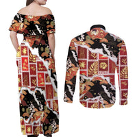 Hawaii Japanese Culture Black Couples Matching Off Shoulder Maxi Dress and Long Sleeve Button Shirt Spring Cranes Aloha Pattern LT01 - Polynesian Pride
