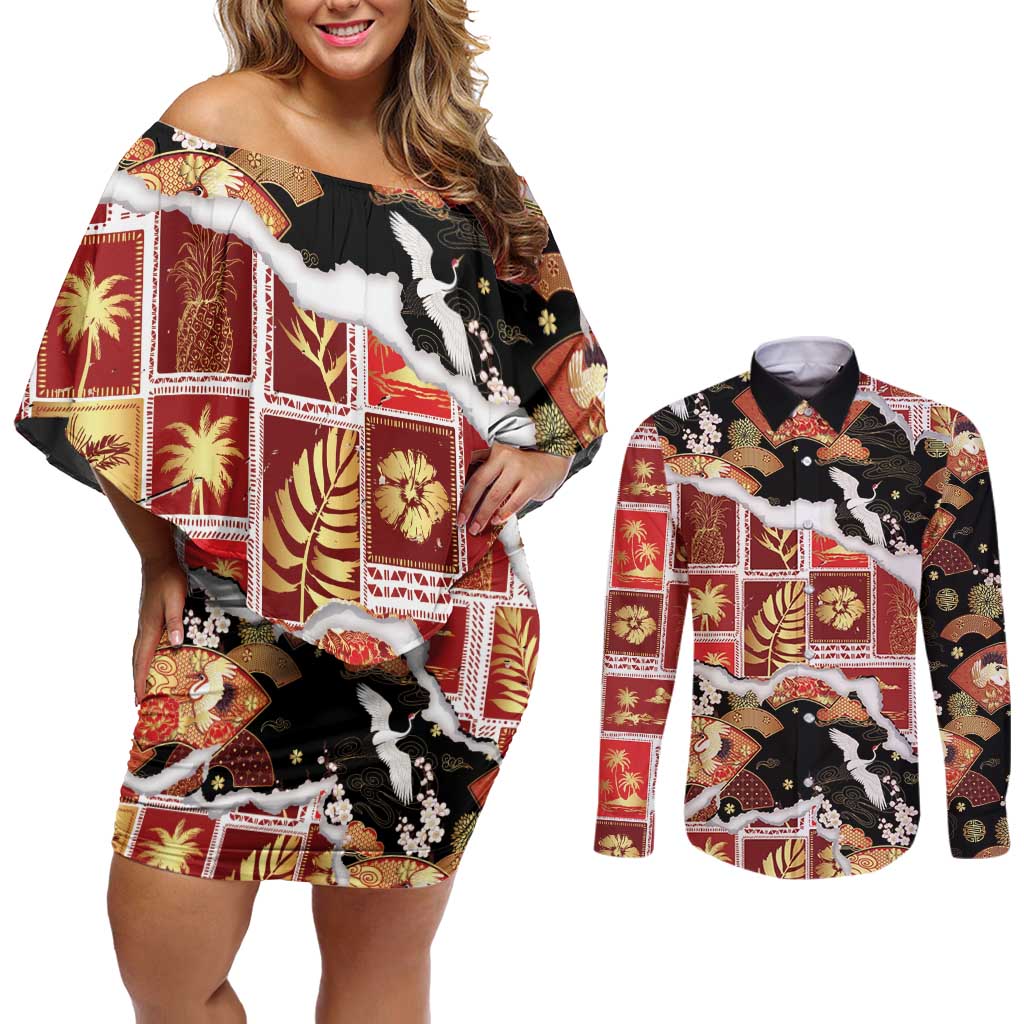 Hawaii Japanese Culture Black Couples Matching Off Shoulder Short Dress and Long Sleeve Button Shirt Spring Cranes Aloha Pattern LT01 Black - Polynesian Pride