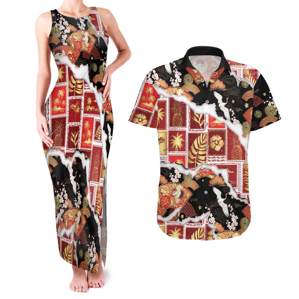 Hawaii Japanese Culture Black Couples Matching Tank Maxi Dress and Hawaiian Shirt Spring Cranes Aloha Pattern