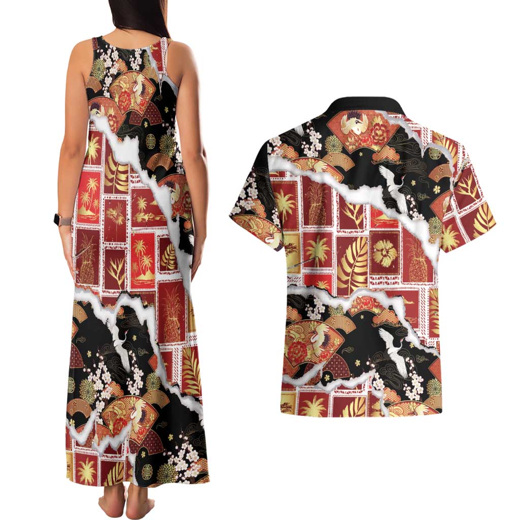 Hawaii Japanese Culture Black Couples Matching Tank Maxi Dress and Hawaiian Shirt Spring Cranes Aloha Pattern