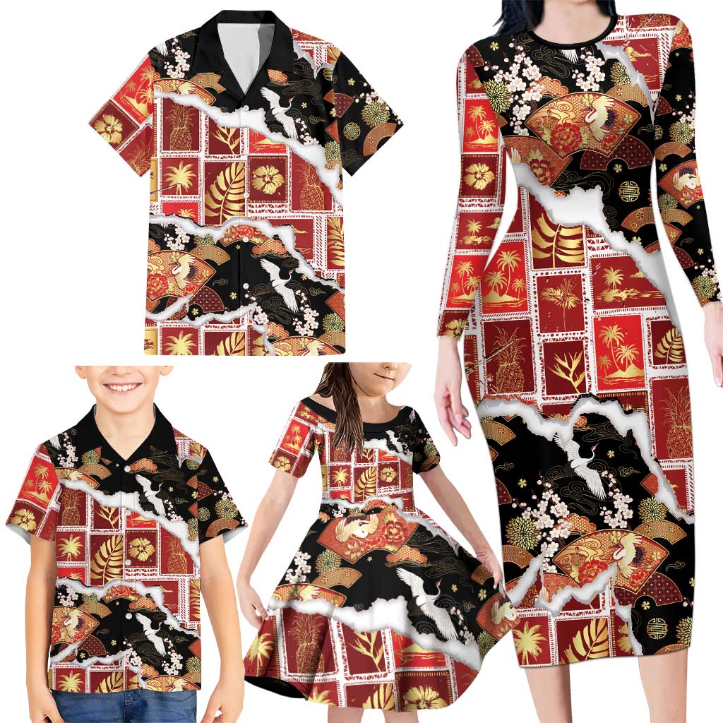 Hawaii Japanese Culture Black Family Matching Long Sleeve Bodycon Dress and Hawaiian Shirt Spring Cranes Aloha Pattern LT01 - Polynesian Pride