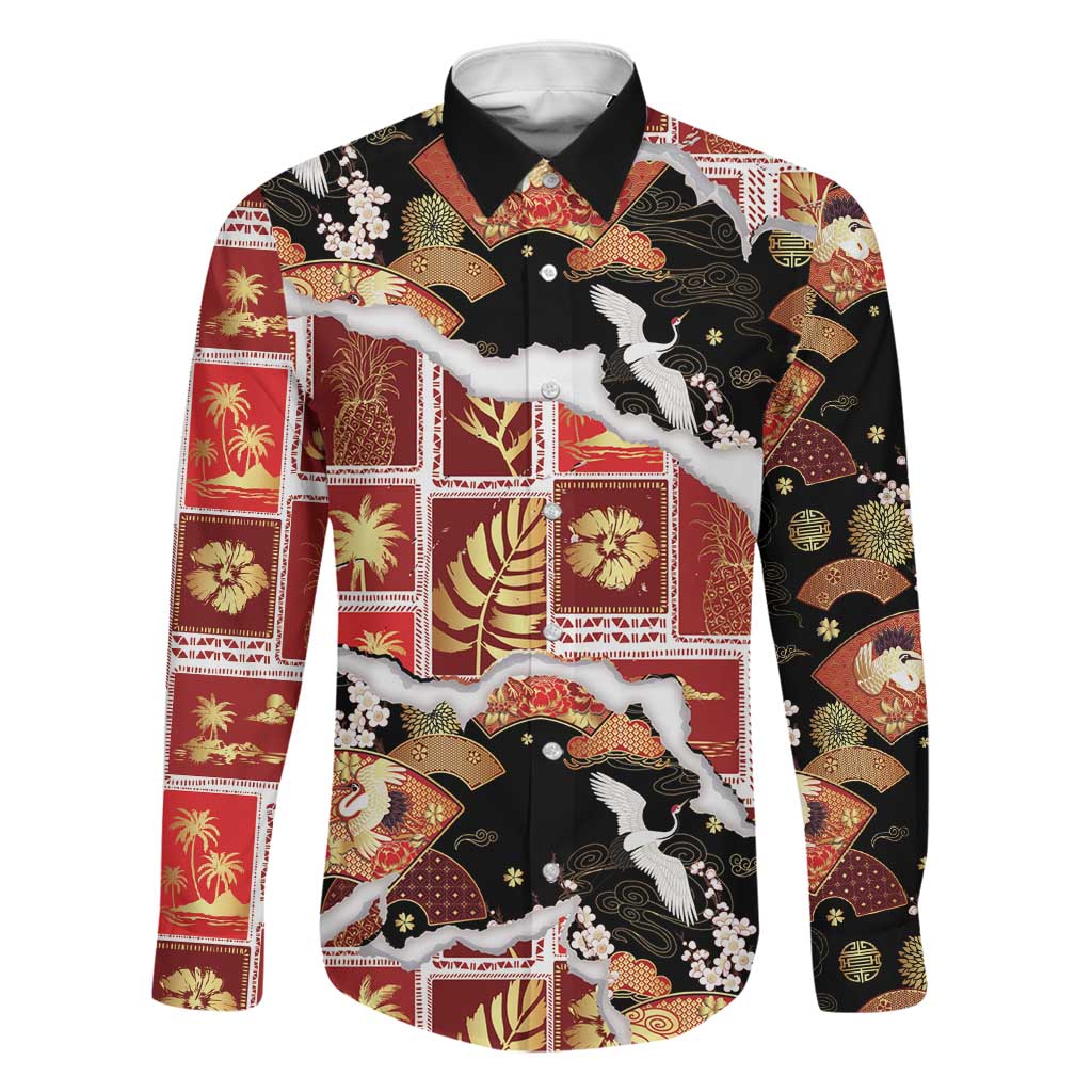 Hawaii Japanese Culture Black Family Matching Long Sleeve Bodycon Dress and Hawaiian Shirt Spring Cranes Aloha Pattern LT01 Dad's Shirt - Long Sleeve Black - Polynesian Pride