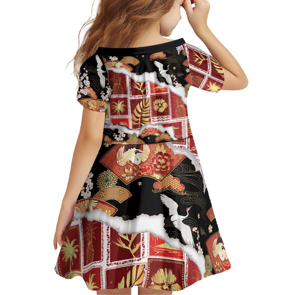 Hawaii Japanese Culture Black Family Matching Off The Shoulder Long Sleeve Dress and Hawaiian Shirt Spring Cranes Aloha Pattern LT01 - Polynesian Pride