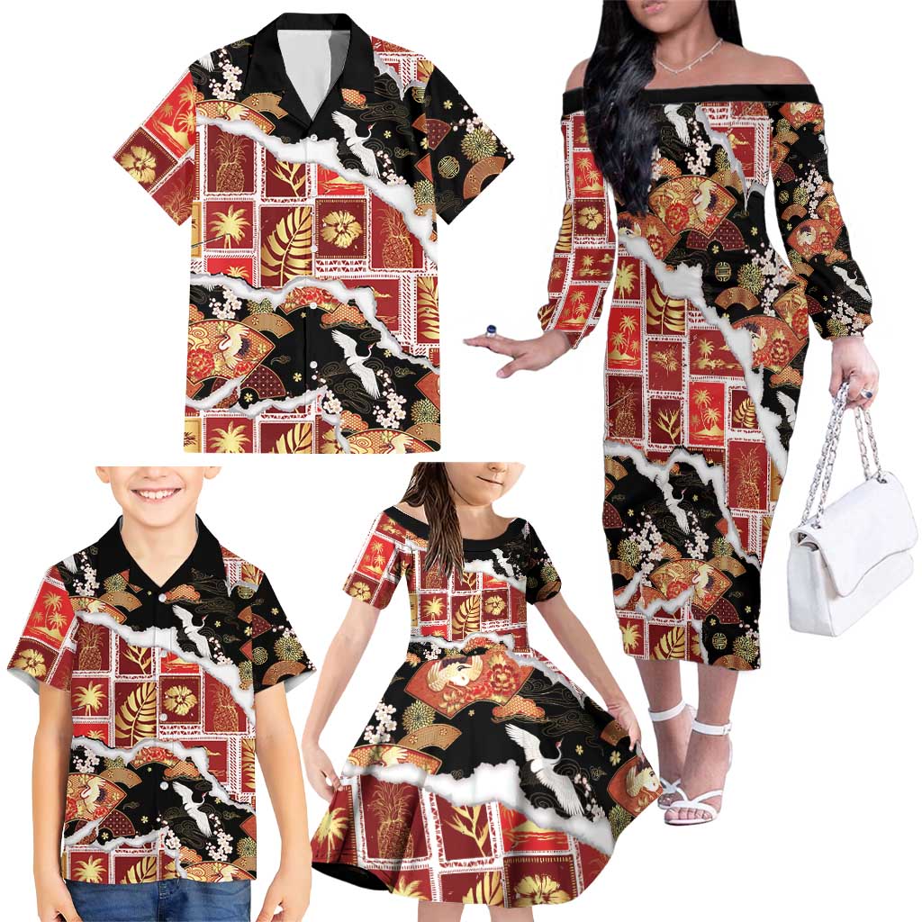Hawaii Japanese Culture Black Family Matching Off The Shoulder Long Sleeve Dress and Hawaiian Shirt Spring Cranes Aloha Pattern LT01 - Polynesian Pride
