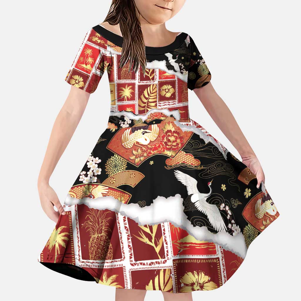 Hawaii Japanese Culture Black Family Matching Off Shoulder Maxi Dress and Hawaiian Shirt Spring Cranes Aloha Pattern LT01 Daughter's Dress Black - Polynesian Pride