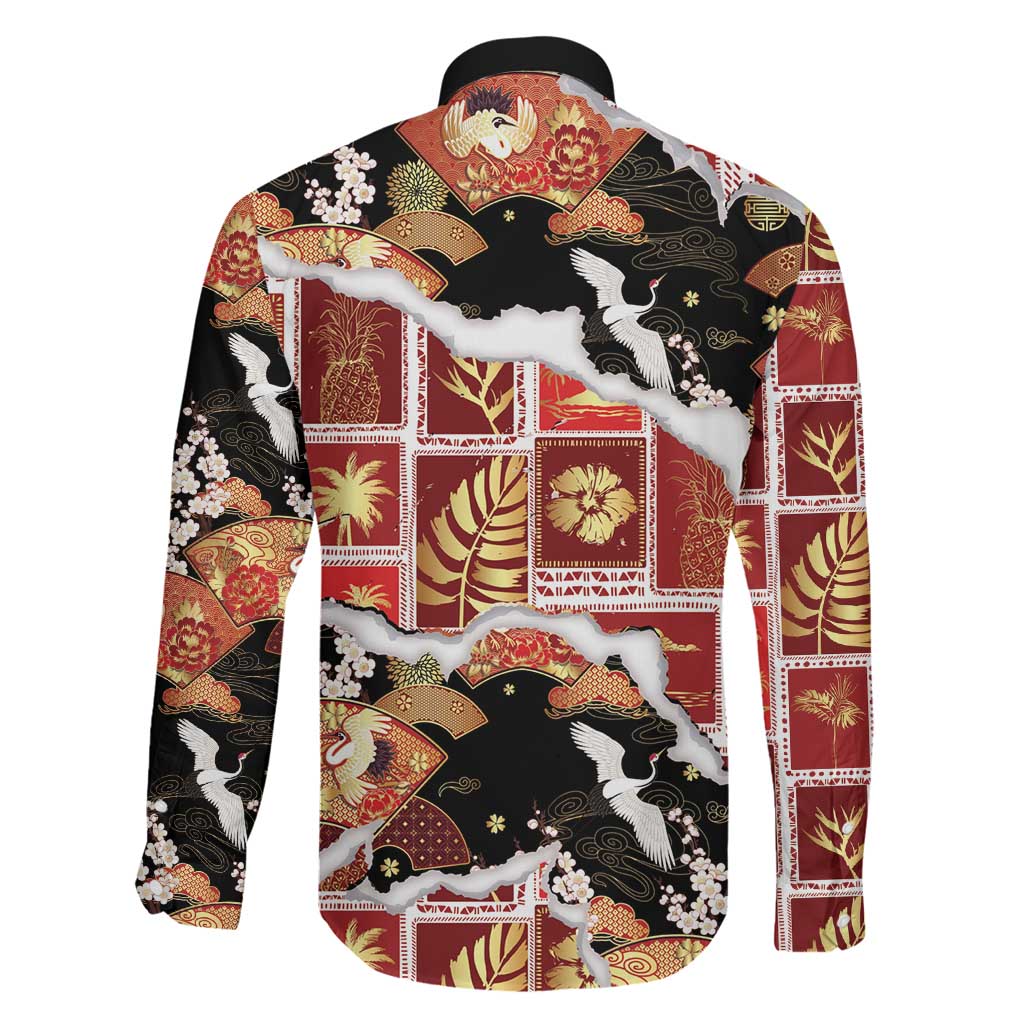 Hawaii Japanese Culture Black Family Matching Off Shoulder Short Dress and Hawaiian Shirt Spring Cranes Aloha Pattern LT01 - Polynesian Pride