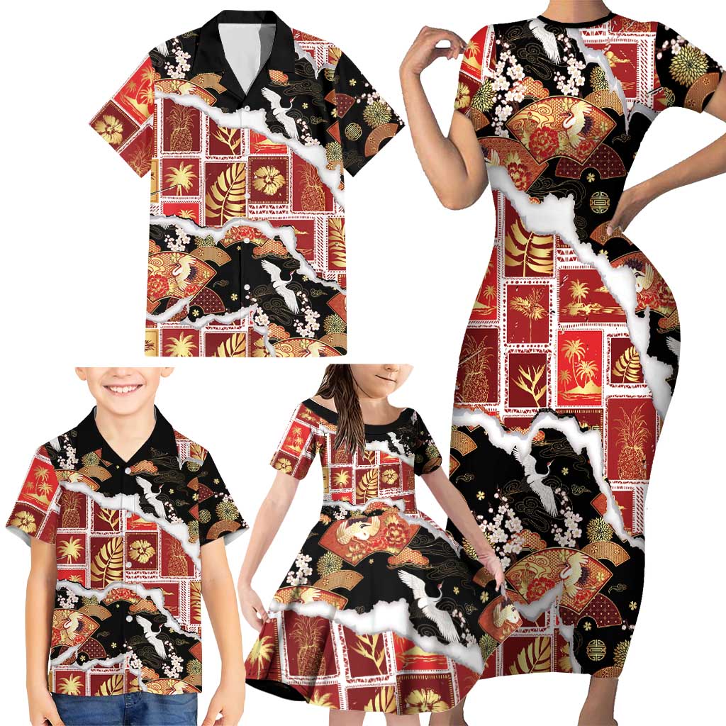 Hawaii Japanese Culture Black Family Matching Short Sleeve Bodycon Dress and Hawaiian Shirt Spring Cranes Aloha Pattern LT01 - Polynesian Pride