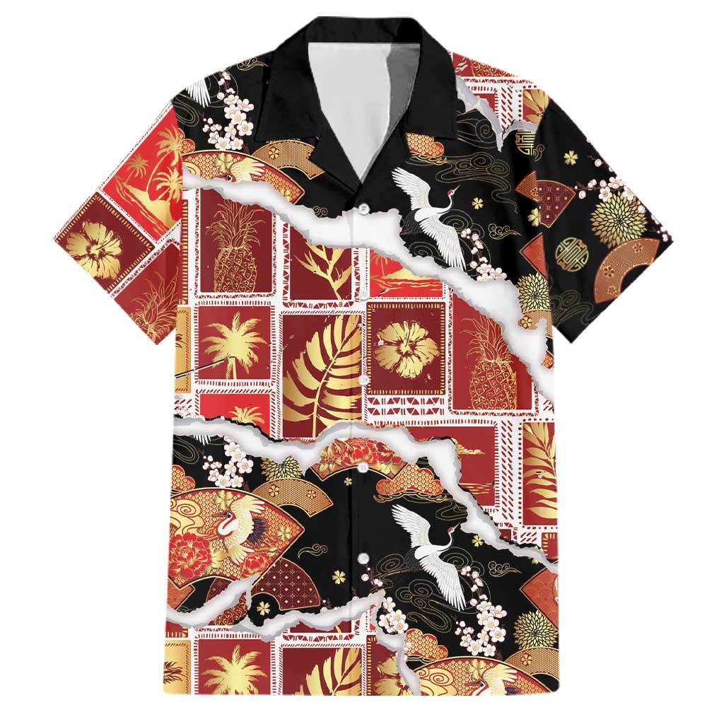 Hawaii Japanese Culture Black Family Matching Summer Maxi Dress and Hawaiian Shirt Spring Cranes Aloha Pattern LT01 Dad's Shirt - Short Sleeve Black - Polynesian Pride