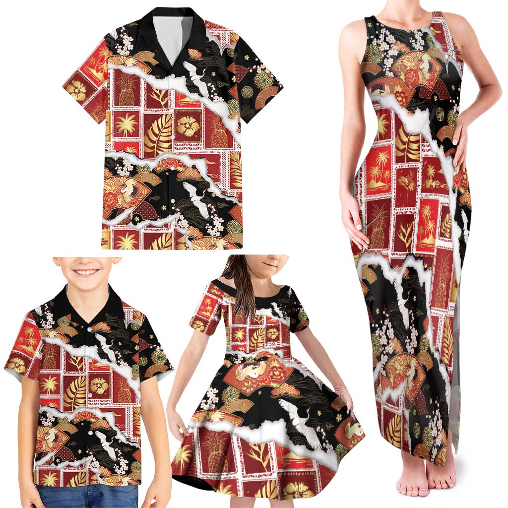 Hawaii Japanese Culture Black Family Matching Tank Maxi Dress and Hawaiian Shirt Spring Cranes Aloha Pattern LT01 - Polynesian Pride