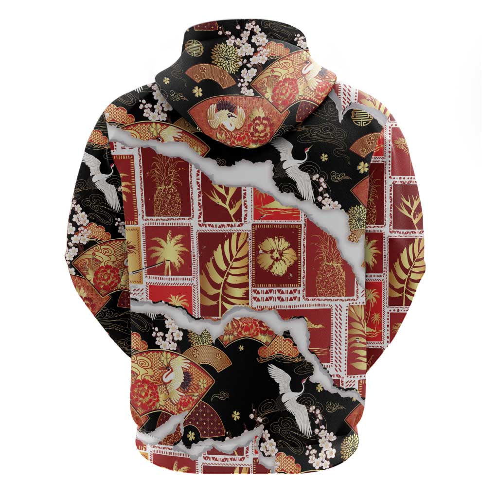 Hawaii Japanese Culture Black Hoodie Spring Cranes Aloha Pattern LT01 - Polynesian Pride