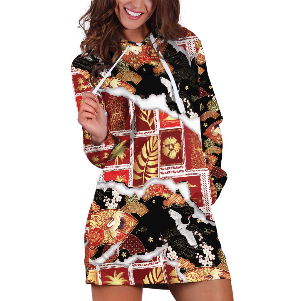 Hawaii Japanese Culture Black Hoodie Dress Spring Cranes Aloha Pattern LT01 Black - Polynesian Pride