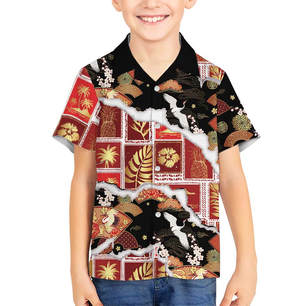 Hawaii Japanese Culture Black Kid Hawaiian Shirt Spring Cranes Aloha Pattern