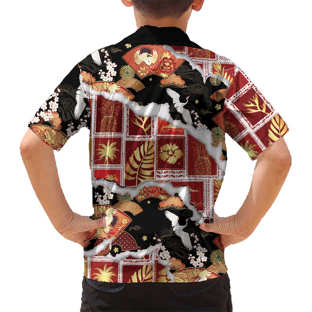 Hawaii Japanese Culture Black Kid Hawaiian Shirt Spring Cranes Aloha Pattern LT01 - Polynesian Pride
