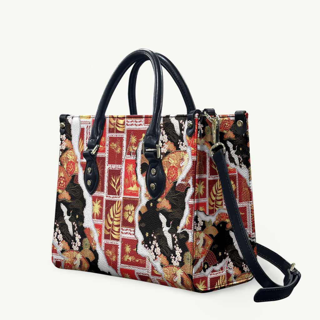 Hawaii Japanese Culture Black Leather Bag Spring Cranes Aloha Pattern
