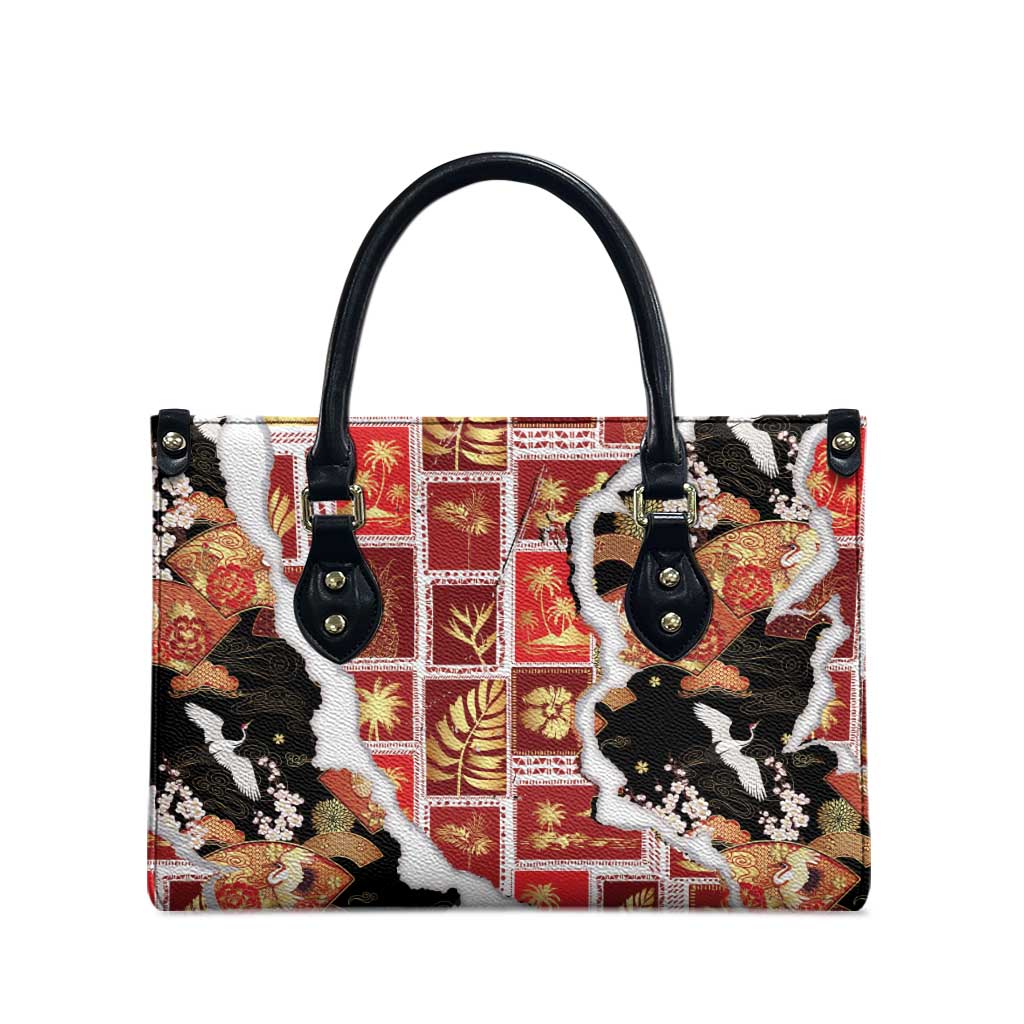 Hawaii Japanese Culture Black Leather Bag Spring Cranes Aloha Pattern
