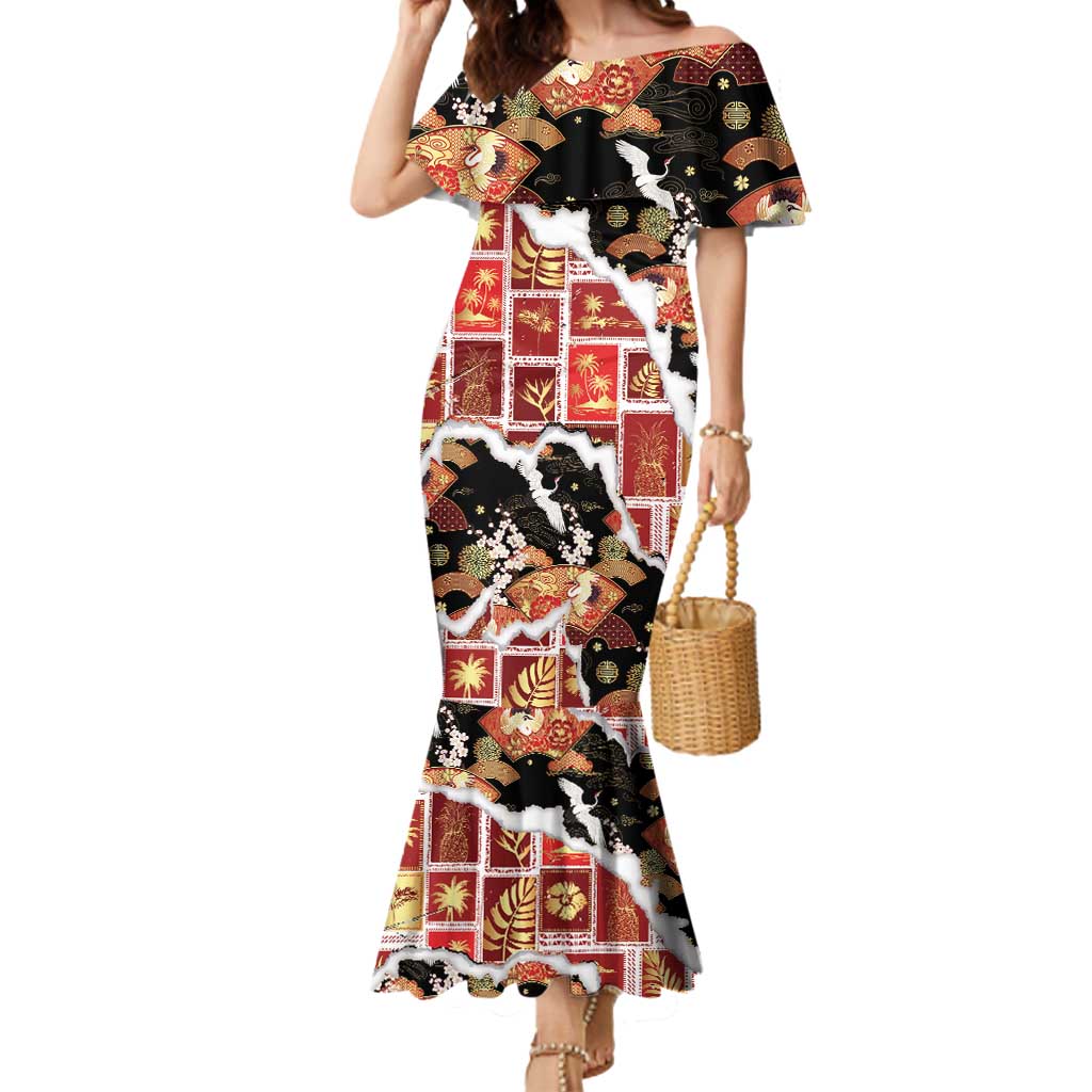 Hawaii Japanese Culture Black Mermaid Dress Spring Cranes Aloha Pattern LT01 Women Black - Polynesian Pride