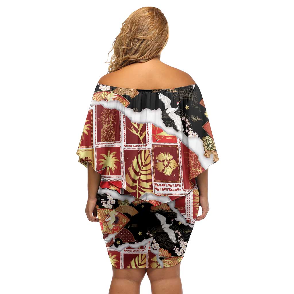 Hawaii Japanese Culture Black Off Shoulder Short Dress Spring Cranes Aloha Pattern