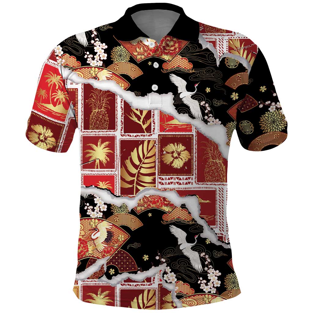 Hawaii Japanese Culture Black Polo Shirt Spring Cranes Aloha Pattern LT01 Black - Polynesian Pride