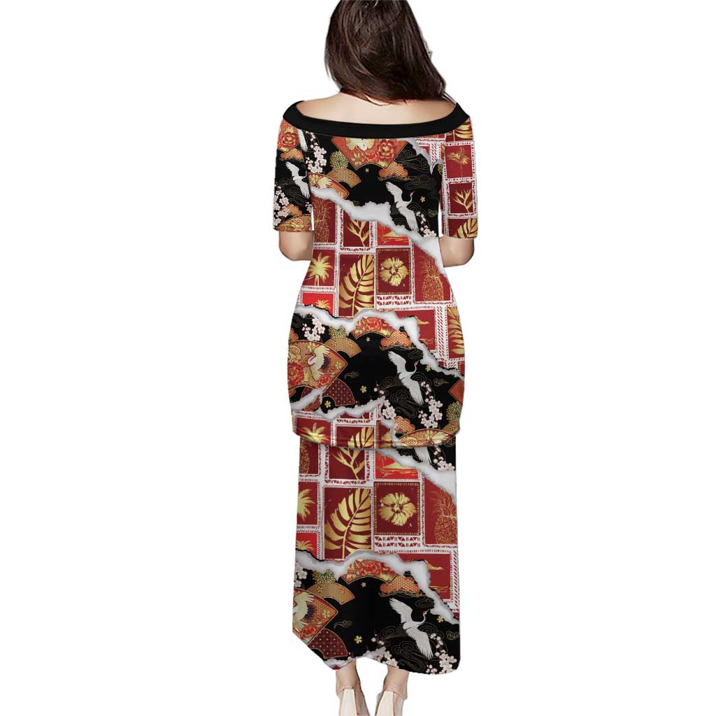 Hawaii Japanese Culture Black Puletasi Spring Cranes Aloha Pattern LT01 - Polynesian Pride