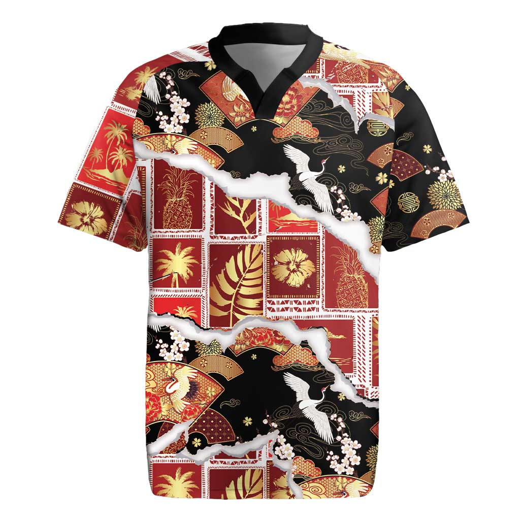 Hawaii Japanese Culture Black Rugby Jersey Spring Cranes Aloha Pattern LT01 Black - Polynesian Pride