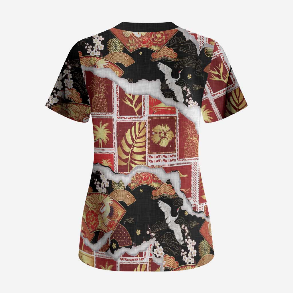 Hawaii Japanese Culture Black Scrub Top Spring Cranes Aloha Pattern