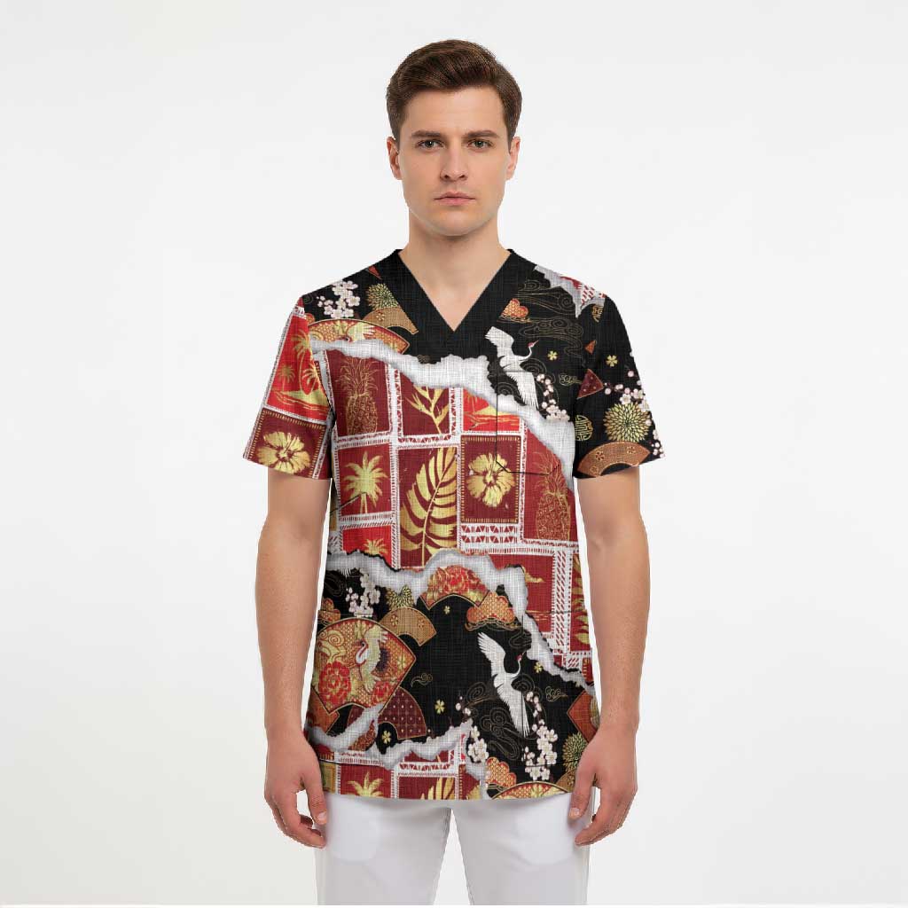 Hawaii Japanese Culture Black Scrub Top Spring Cranes Aloha Pattern