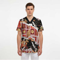 Hawaii Japanese Culture Black Scrub Top Spring Cranes Aloha Pattern