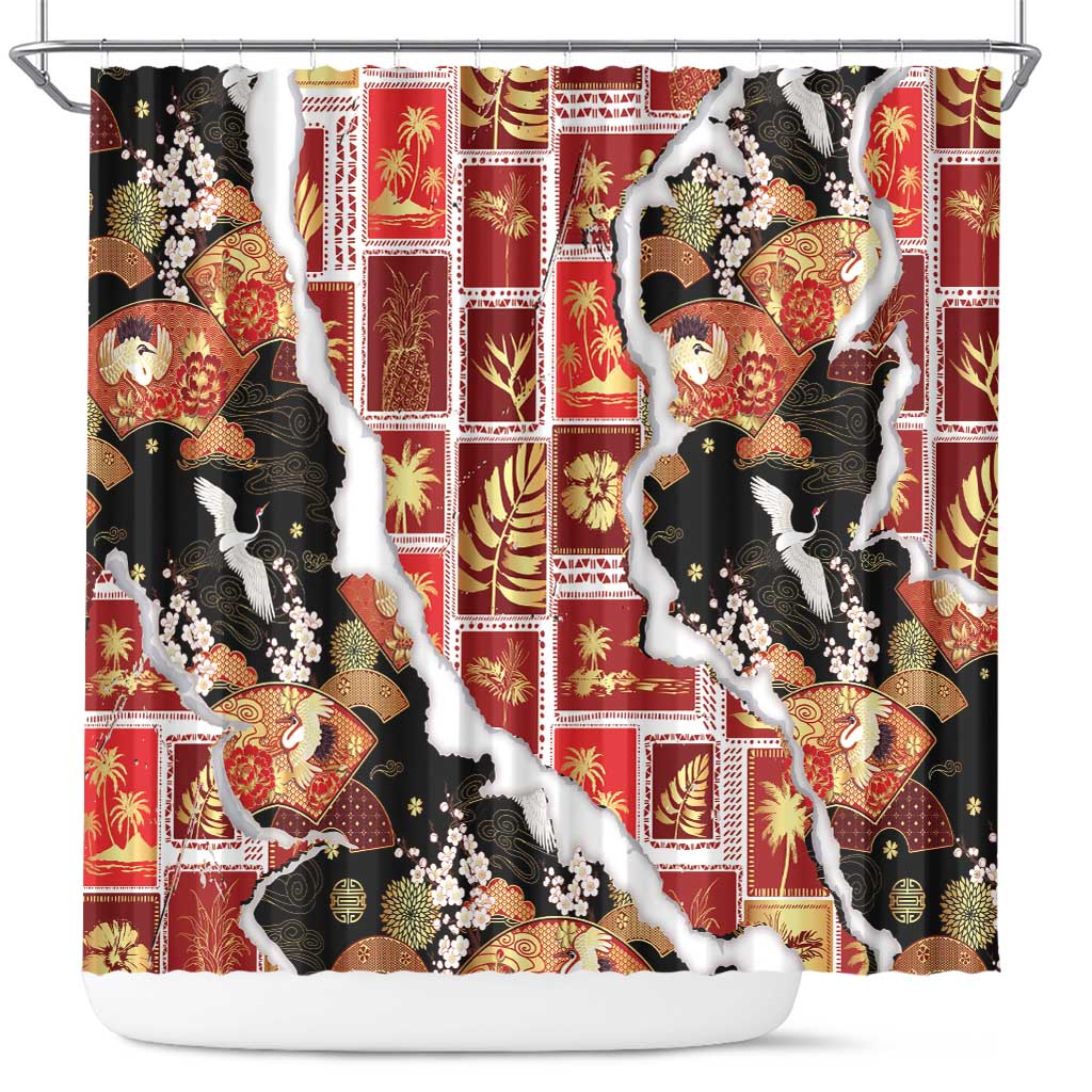 Hawaii Japanese Culture Black Shower Curtain Spring Cranes Aloha Pattern