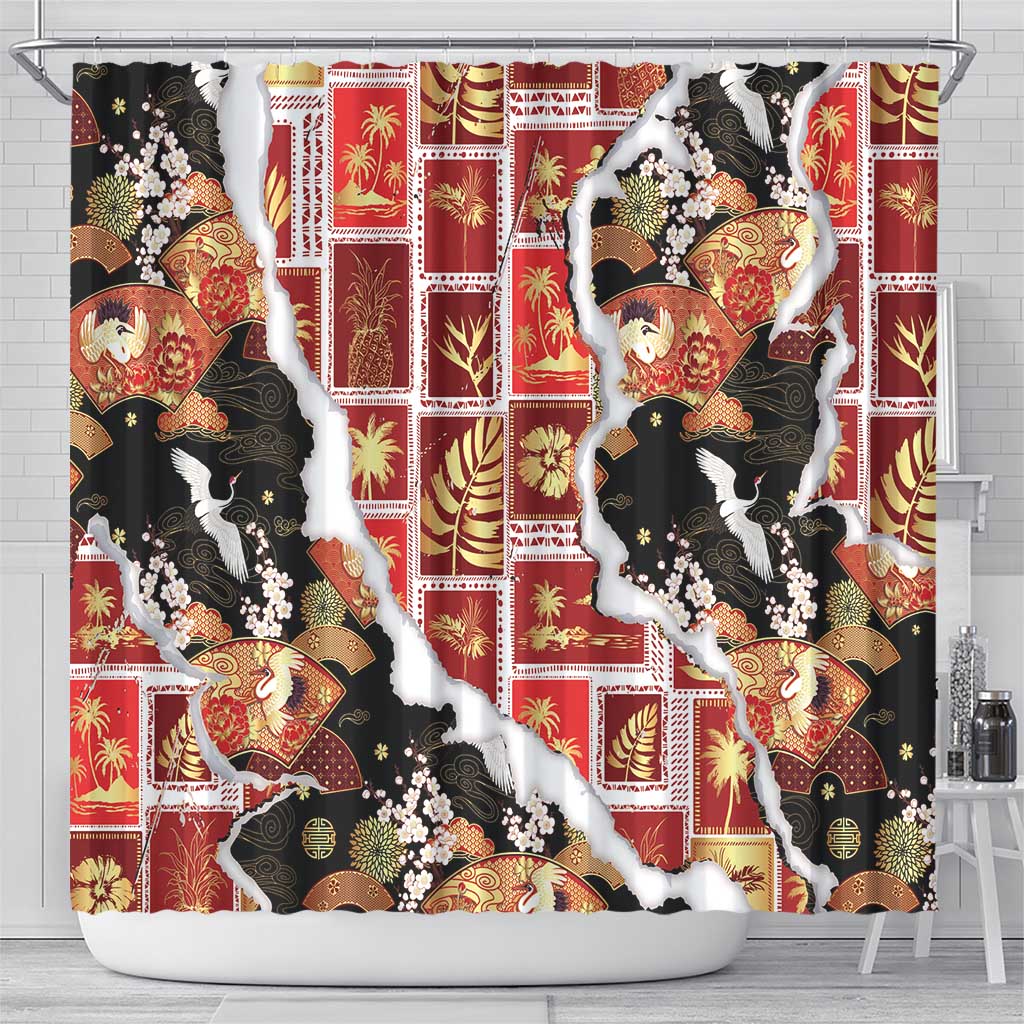 Hawaii Japanese Culture Black Shower Curtain Spring Cranes Aloha Pattern