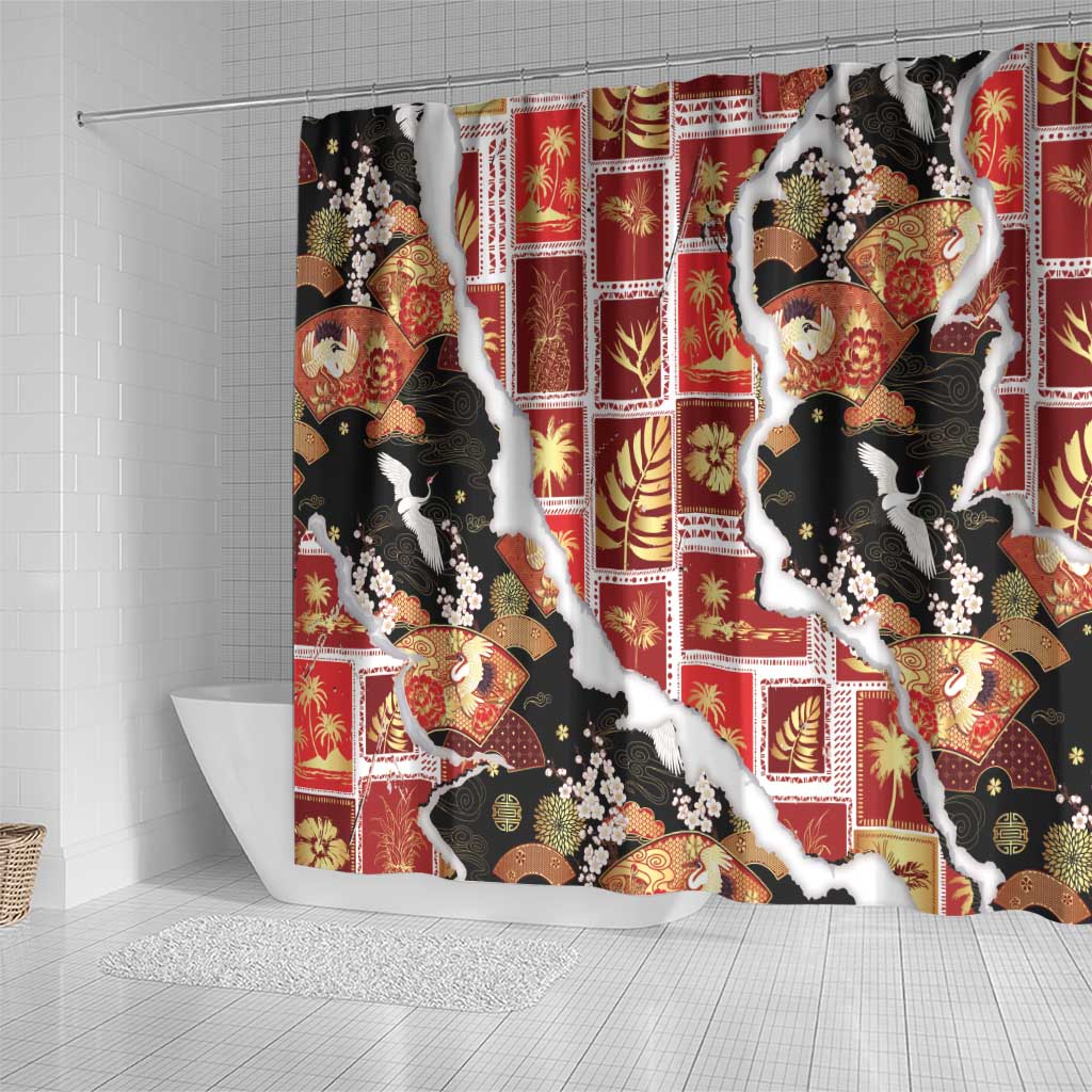 Hawaii Japanese Culture Black Shower Curtain Spring Cranes Aloha Pattern