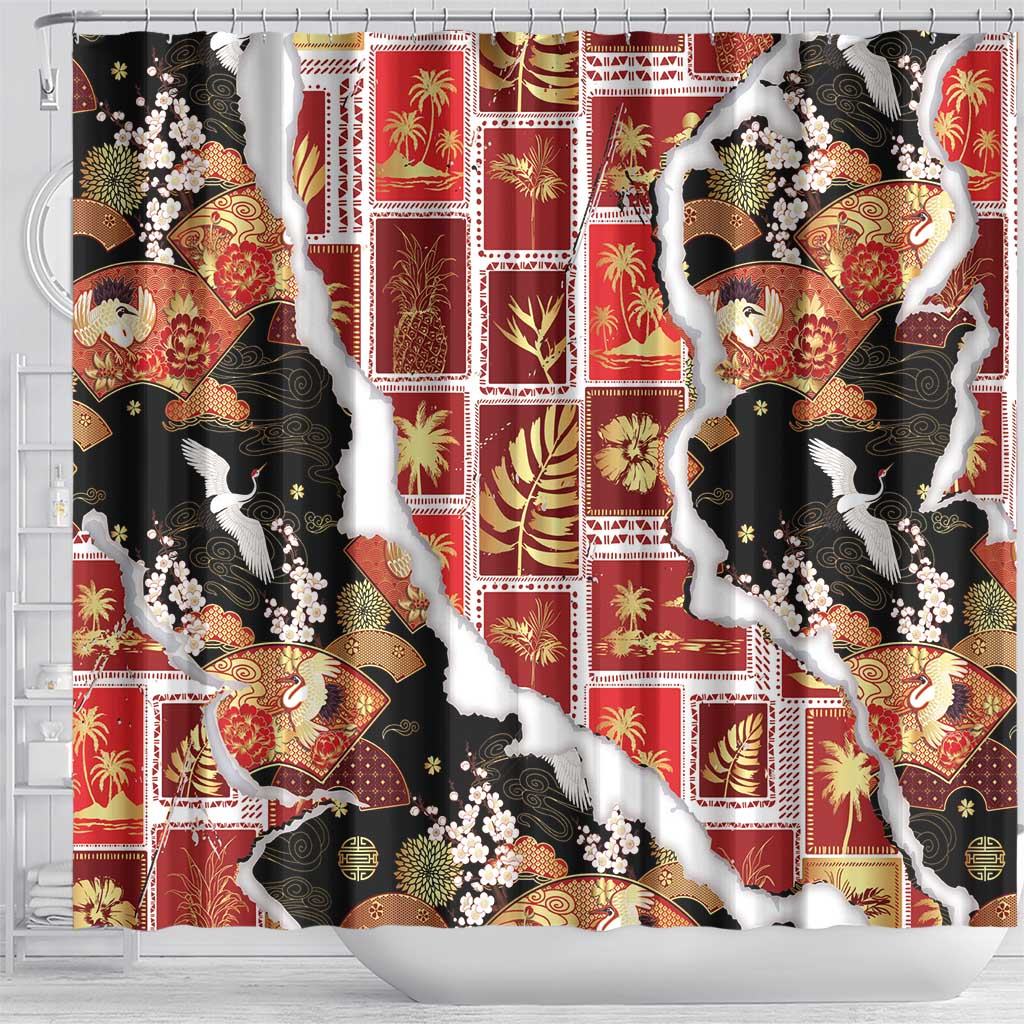 Hawaii Japanese Culture Black Shower Curtain Spring Cranes Aloha Pattern