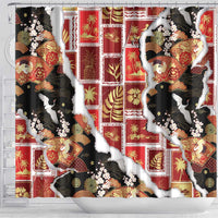 Hawaii Japanese Culture Black Shower Curtain Spring Cranes Aloha Pattern