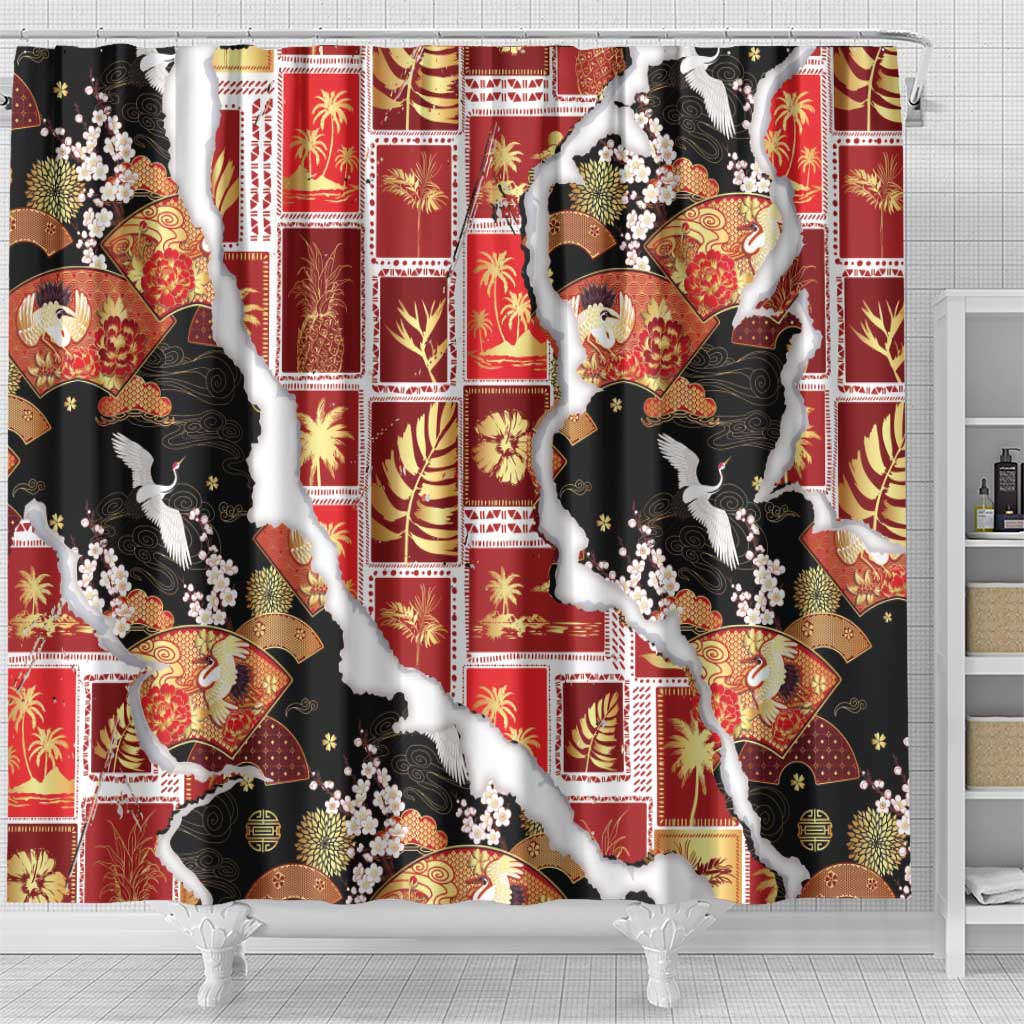 Hawaii Japanese Culture Black Shower Curtain Spring Cranes Aloha Pattern