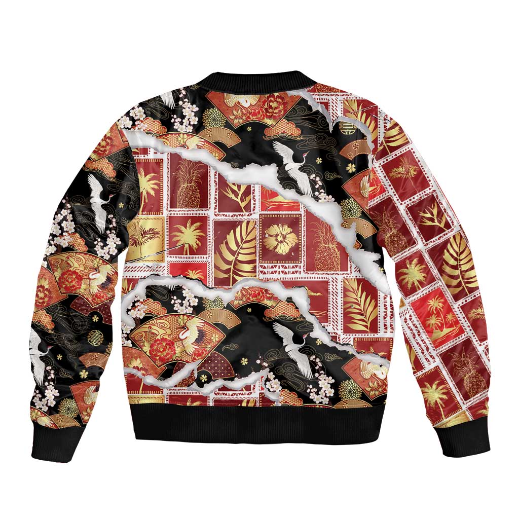 Hawaii Japanese Culture Black Sleeve Zip Bomber Jacket Spring Cranes Aloha Pattern LT01 - Polynesian Pride