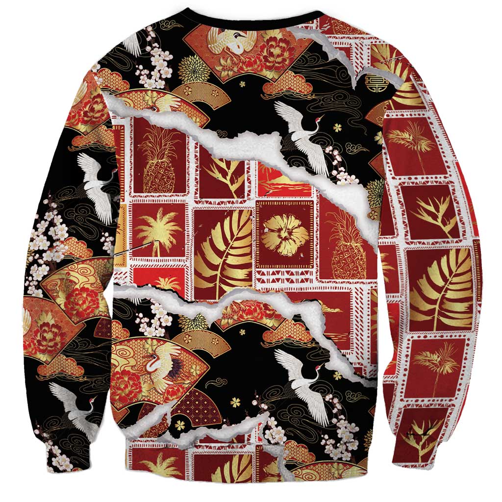 Hawaii Japanese Culture Black Sweatshirt Spring Cranes Aloha Pattern