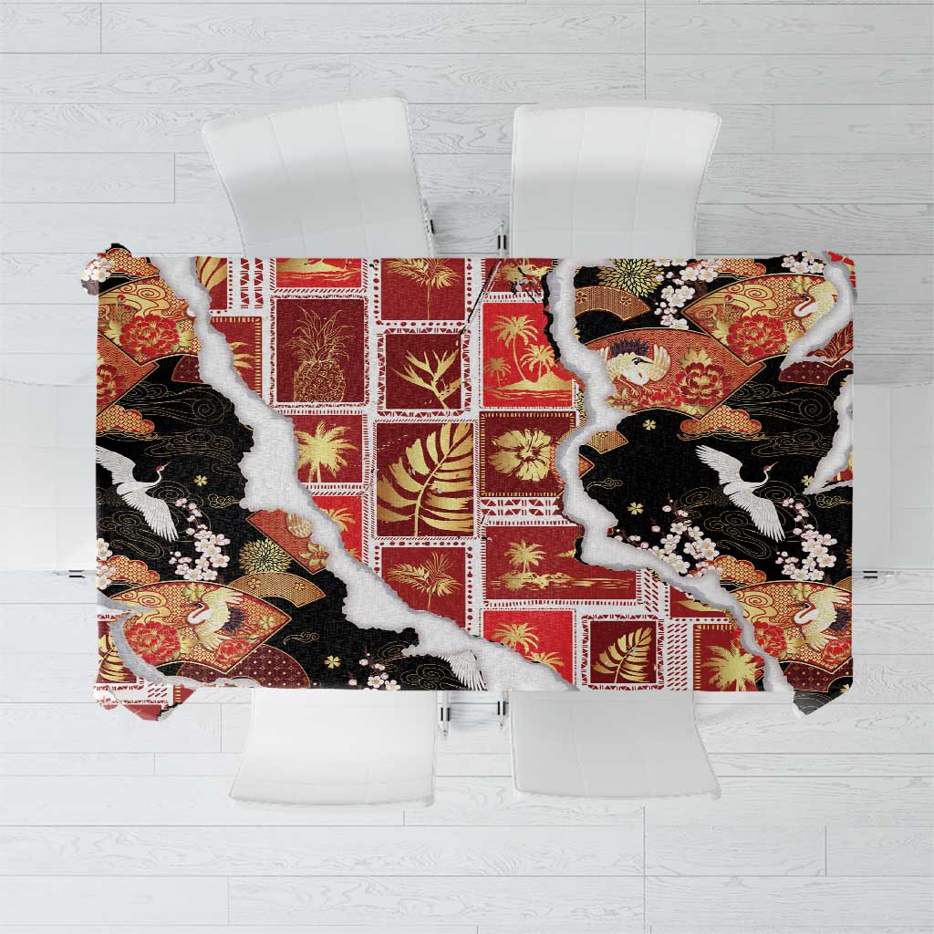 Hawaii Japanese Culture Black Tablecloth Spring Cranes Aloha Pattern