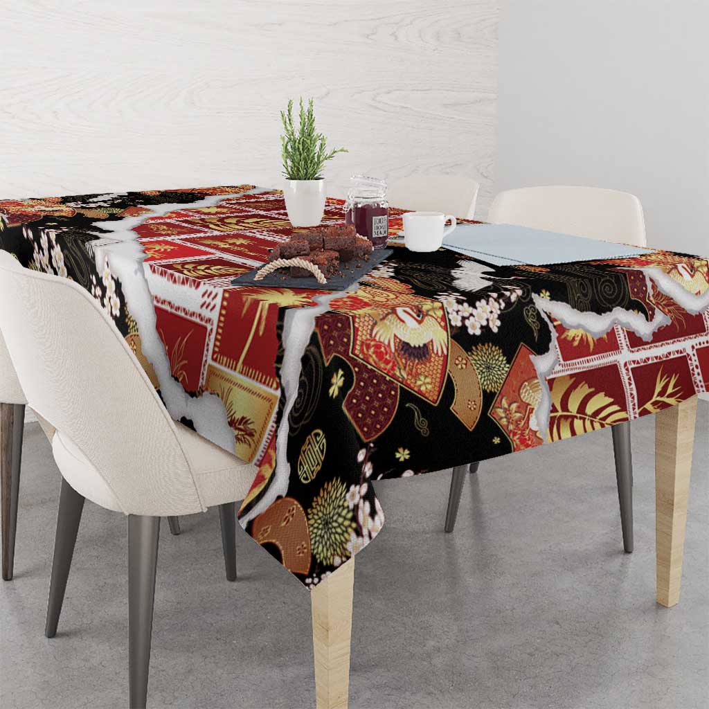 Hawaii Japanese Culture Black Tablecloth Spring Cranes Aloha Pattern