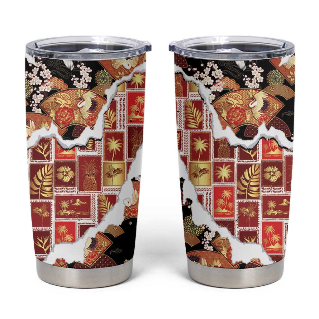 Hawaii Japanese Culture Black Tumbler Cup Spring Cranes Aloha Pattern