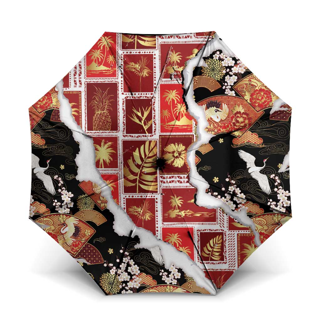 Hawaii Japanese Culture Black Umbrella Spring Cranes Aloha Pattern