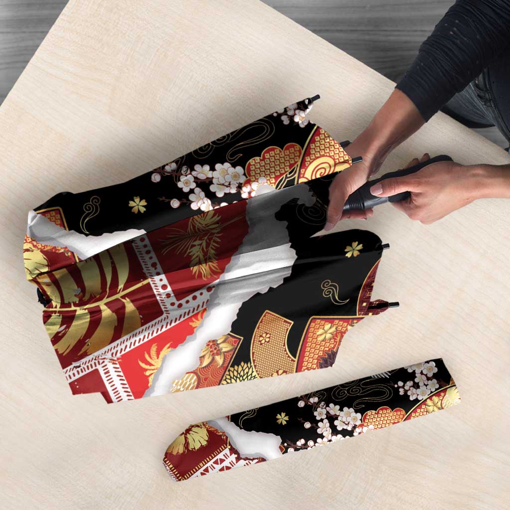 Hawaii Japanese Culture Black Umbrella Spring Cranes Aloha Pattern