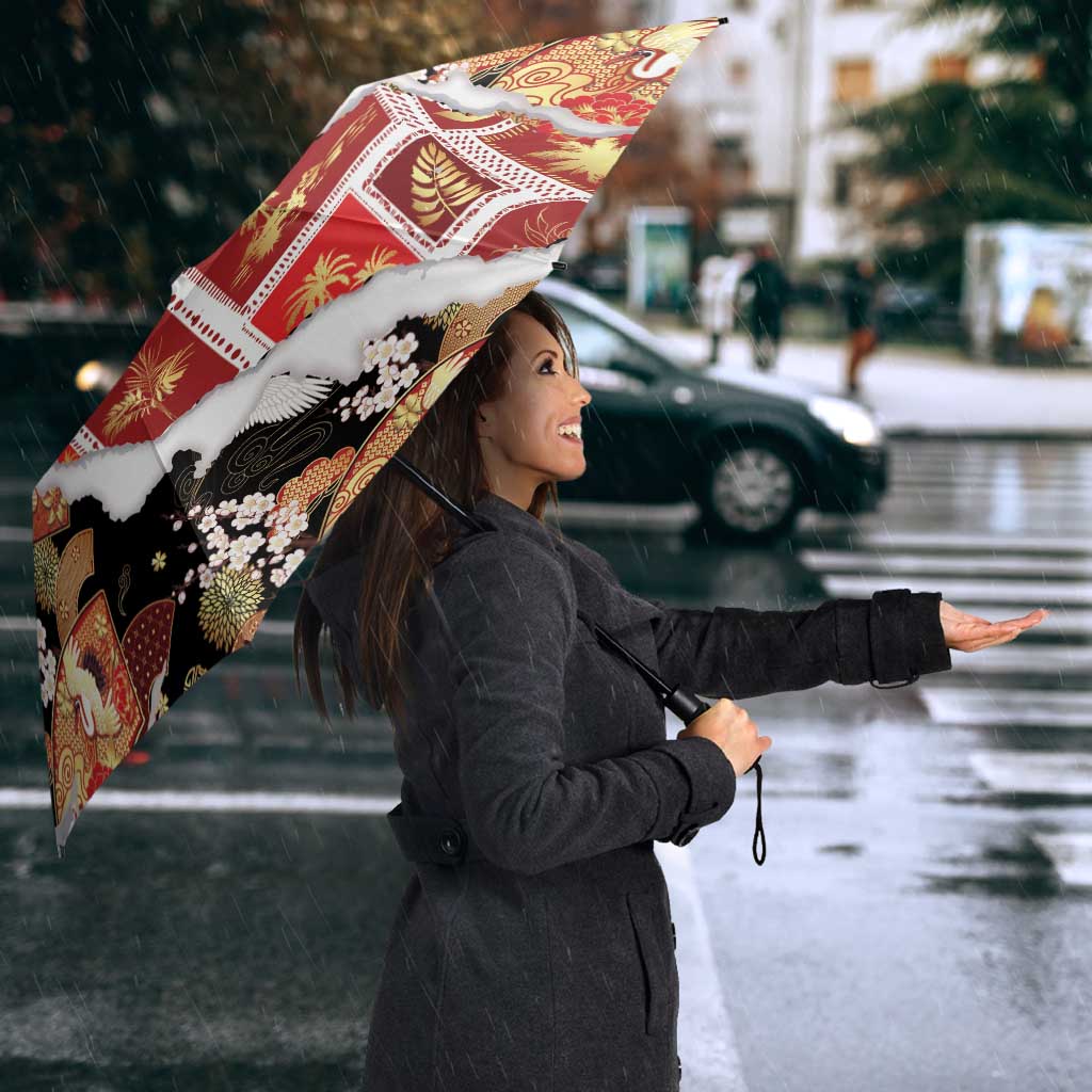 Hawaii Japanese Culture Black Umbrella Spring Cranes Aloha Pattern