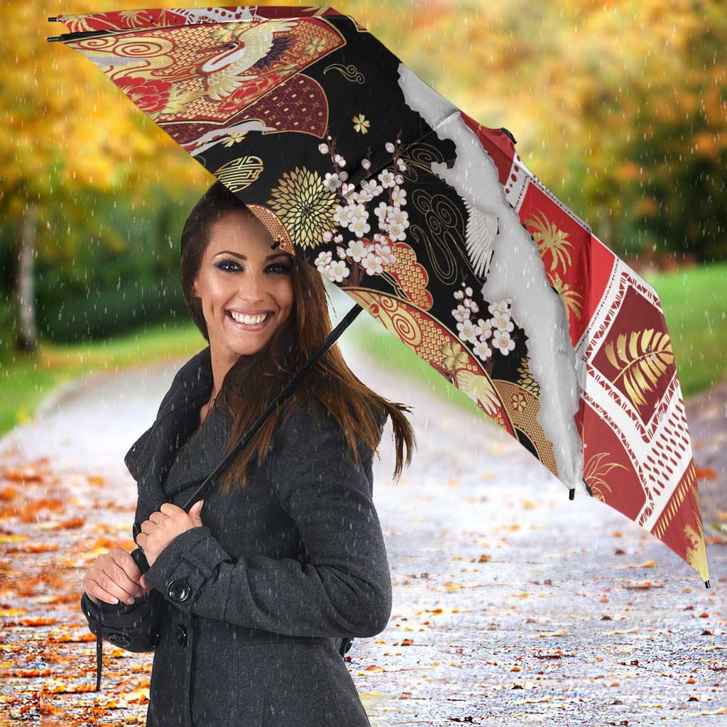 Hawaii Japanese Culture Black Umbrella Spring Cranes Aloha Pattern