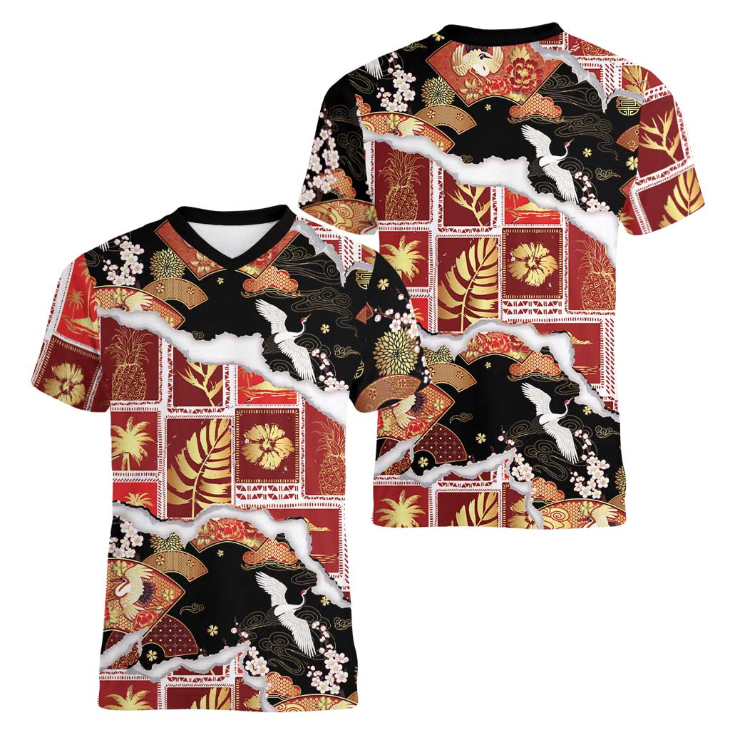Hawaii Japanese Culture Black Women V-Neck T-Shirt Spring Cranes Aloha Pattern LT01 - Polynesian Pride
