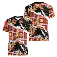 Hawaii Japanese Culture Black Women V-Neck T-Shirt Spring Cranes Aloha Pattern LT01 - Polynesian Pride