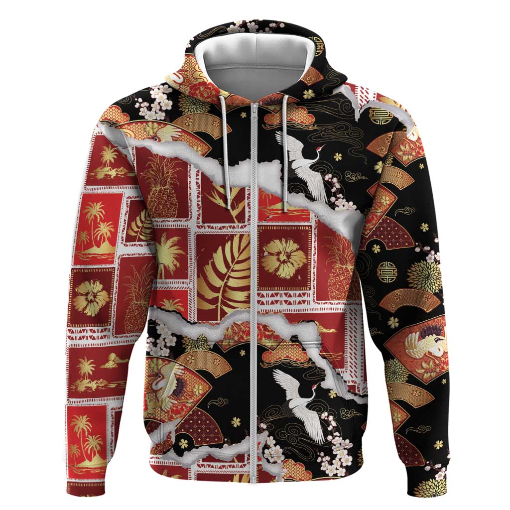 Hawaii Japanese Culture Black Zip Hoodie Spring Cranes Aloha Pattern LT01 Zip Hoodie Black - Polynesian Pride