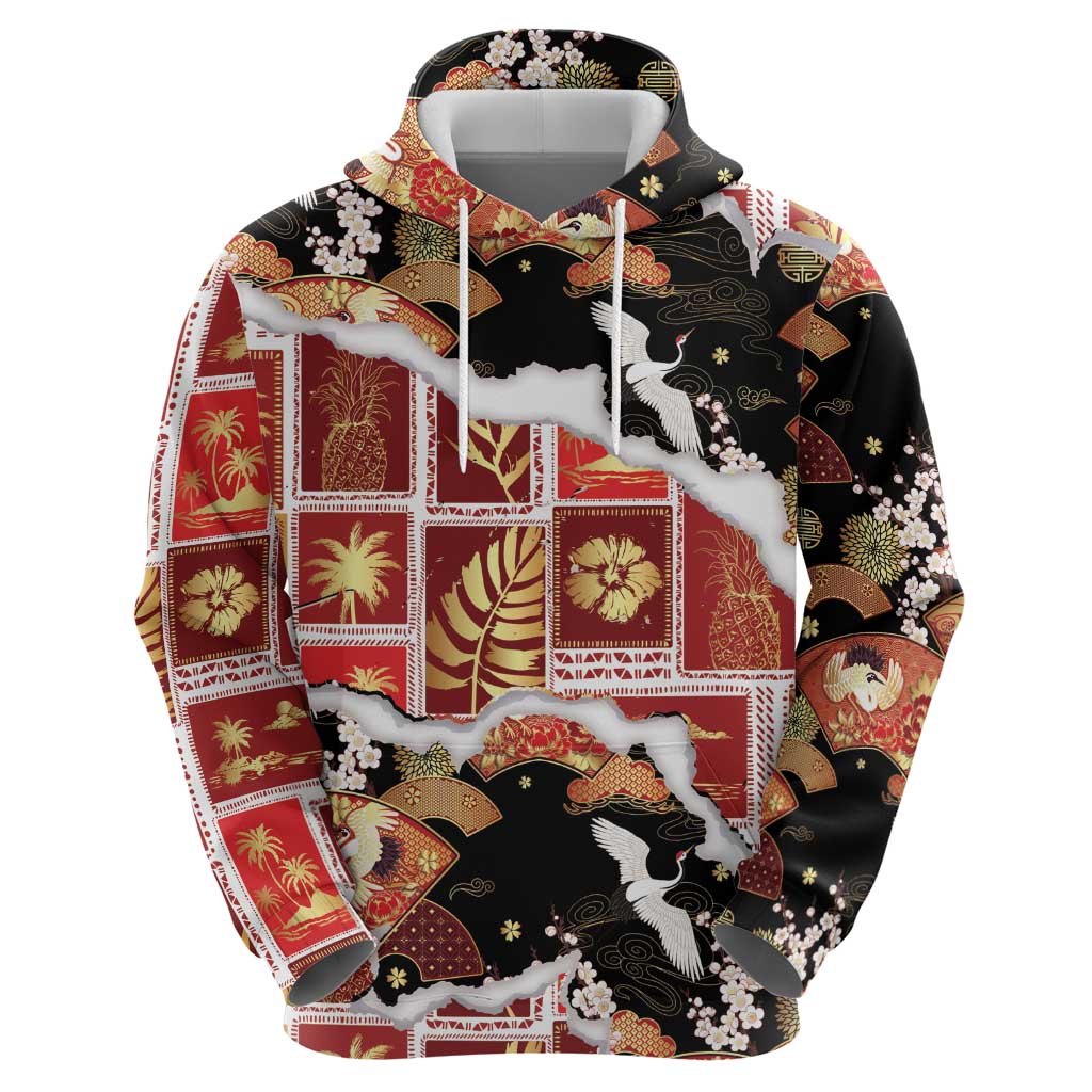 Hawaii Japanese Culture Black Zip Hoodie Spring Cranes Aloha Pattern LT01 - Polynesian Pride