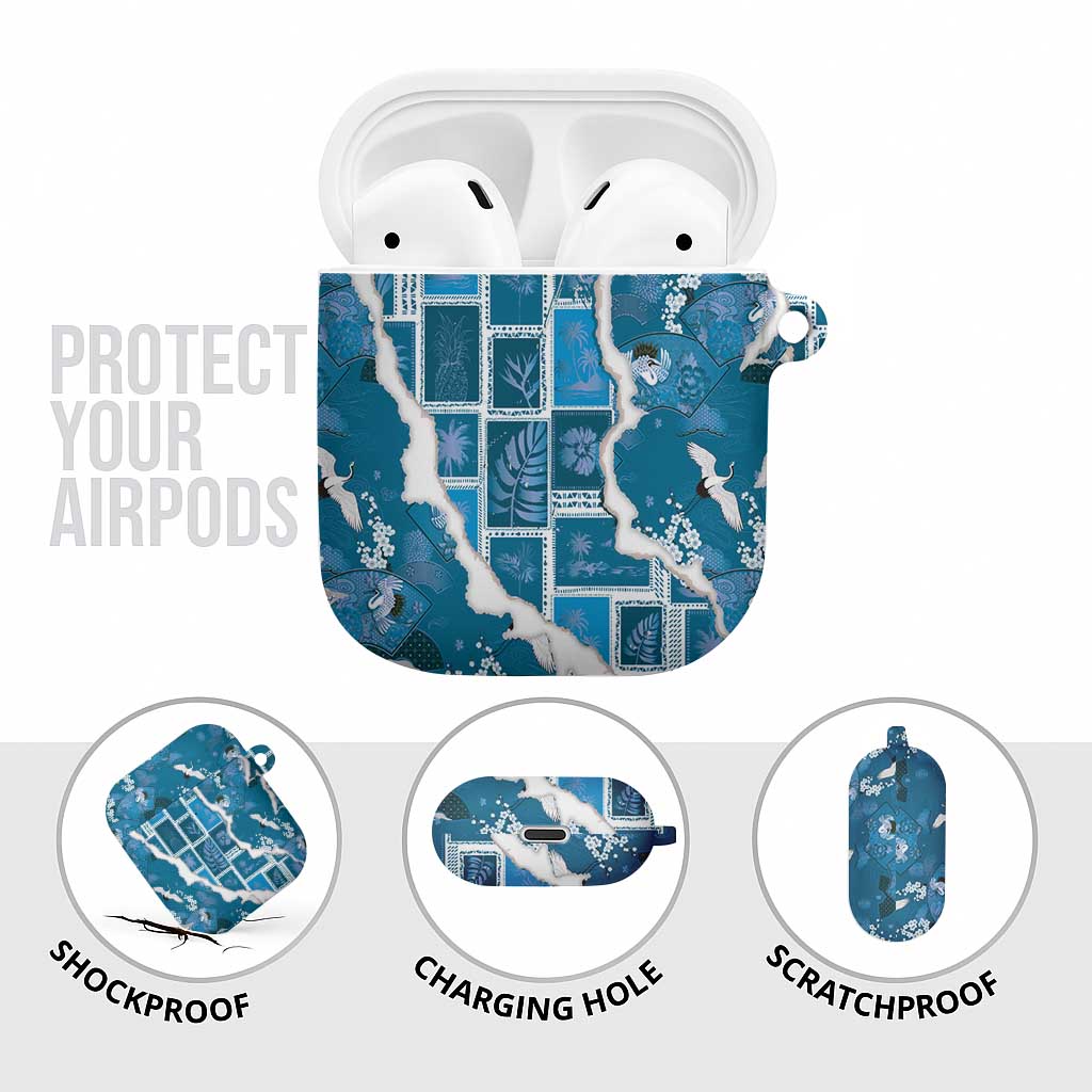 Hawaii Japanese Culture Blue AirPods Case Spring Cranes Aloha Pattern